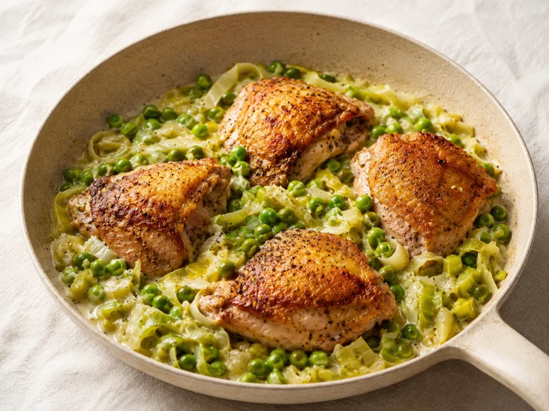 Crispy Chicken Thighs With Melty Leeks and Peas