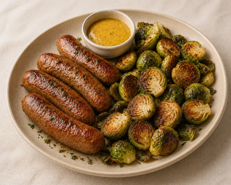 Roasted Sausages With Brussels Sprouts and Honey Mustard
